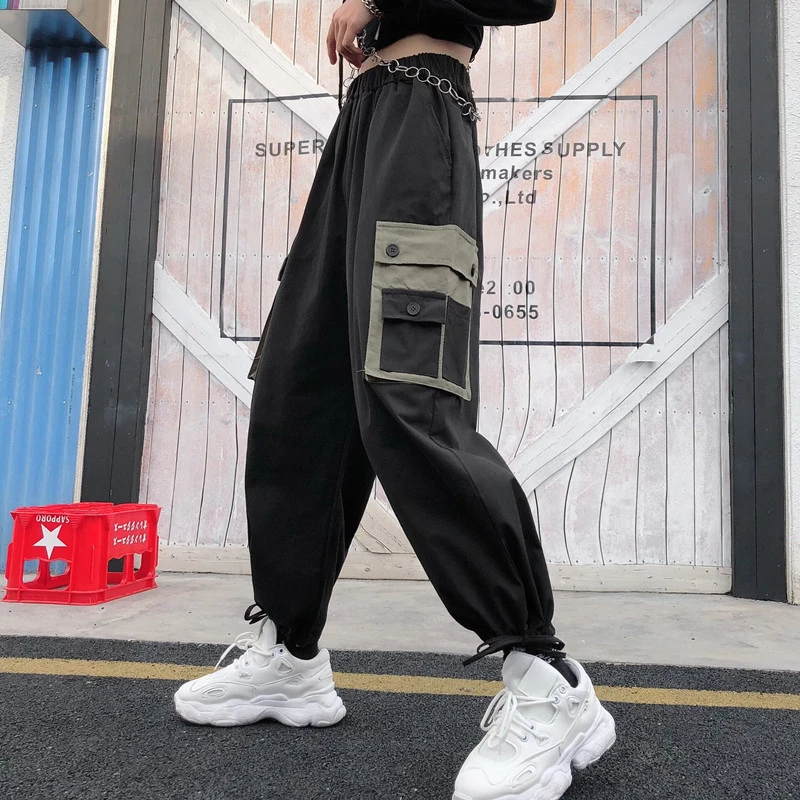 Primavera otoño estilo casual alta cintura cargo pantalones mujeres moda ropa bolsillos coreano suelta pierna ancha Capris Harajuku pantalones capri| AliExpress