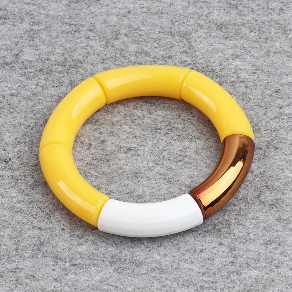 Bracciale Elastico In Acrilico Oro Per Donna - Resina Lucida, Gioiello Rigido Alla Moda - Regalo In Sacchetto Di Velluto