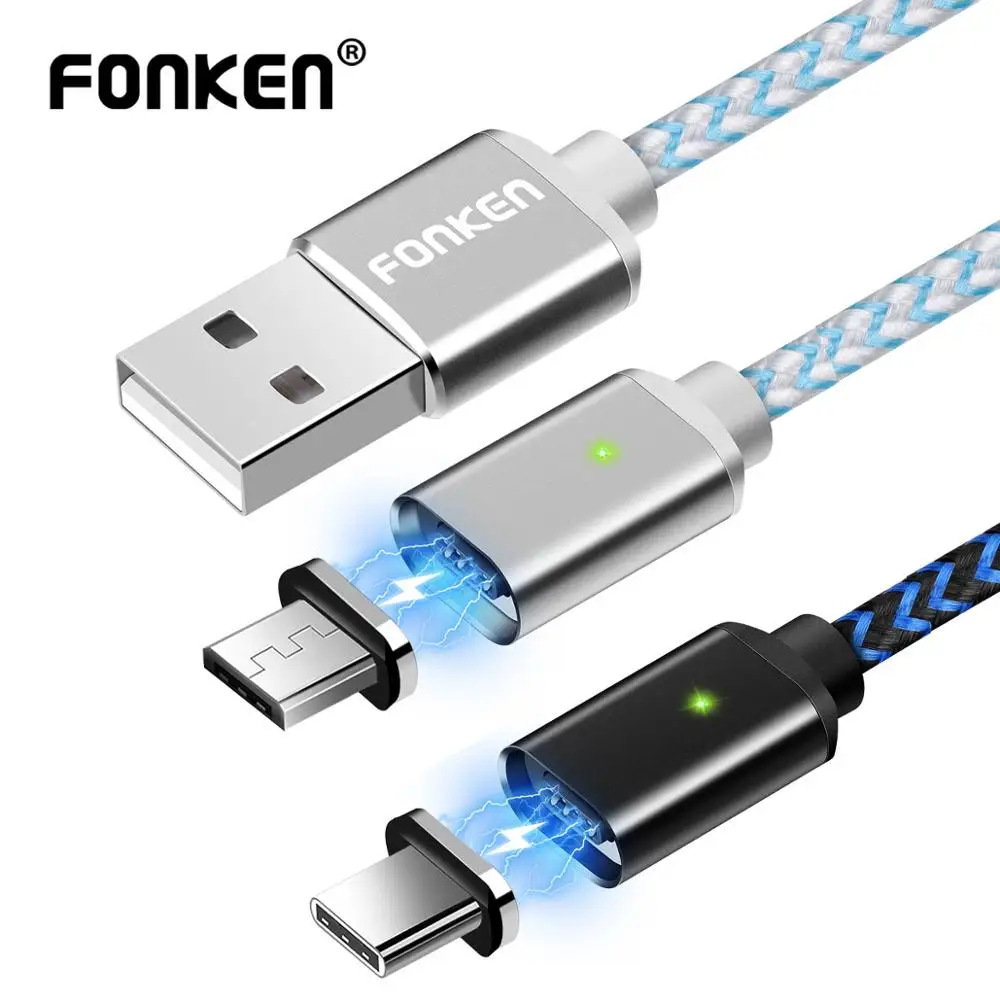 Магнитный кабель Micro USB Type C FONKEN магнитный для телефона светодиодный быстрой