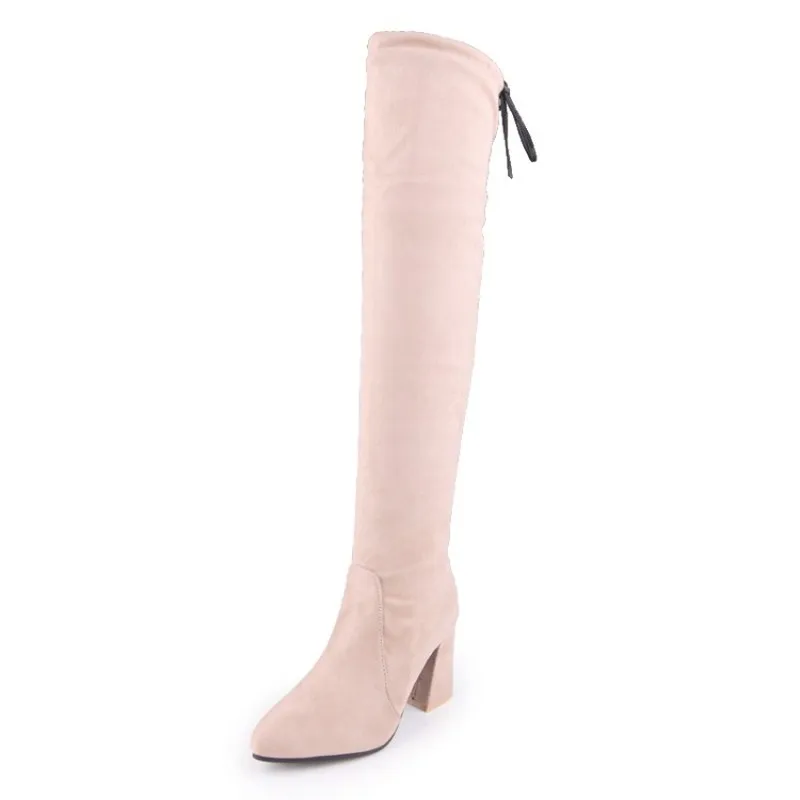 

KALENMOS Women Over The Knee Boots High Heel Pionted Toe Party Boots Ladies Block Heel Long Boots Autumn Winter Shies Size 33-44