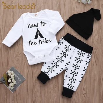 

Bear Leader 2020 Autumn New Children Thin Clothing Sets Baby Boy Suits 3PCS Letter Print Long Sleeve Romper + Pants + Hat Outfit