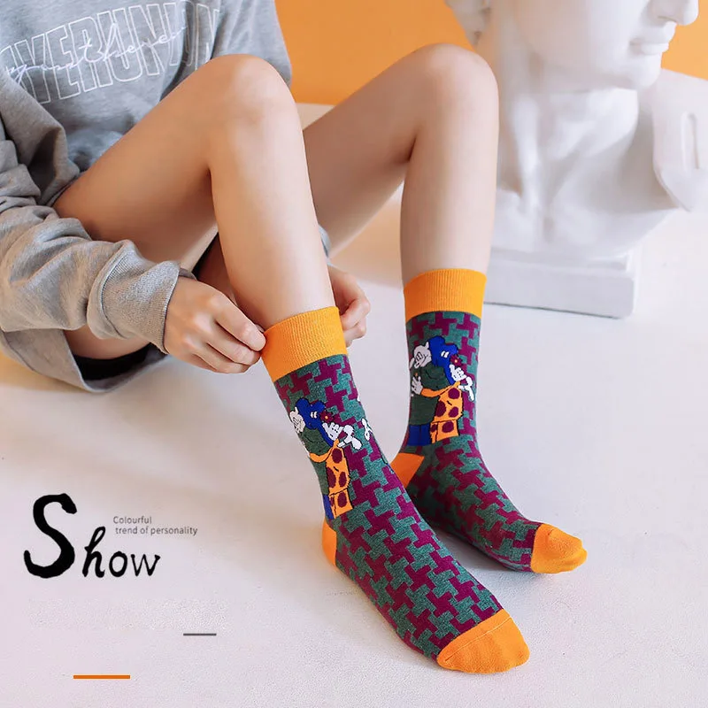 

New Trendy Harajuku Style Socks For Lovers Autumn Casual Colorful Long Section Cartoon Pattern Cotton Socks Unisex