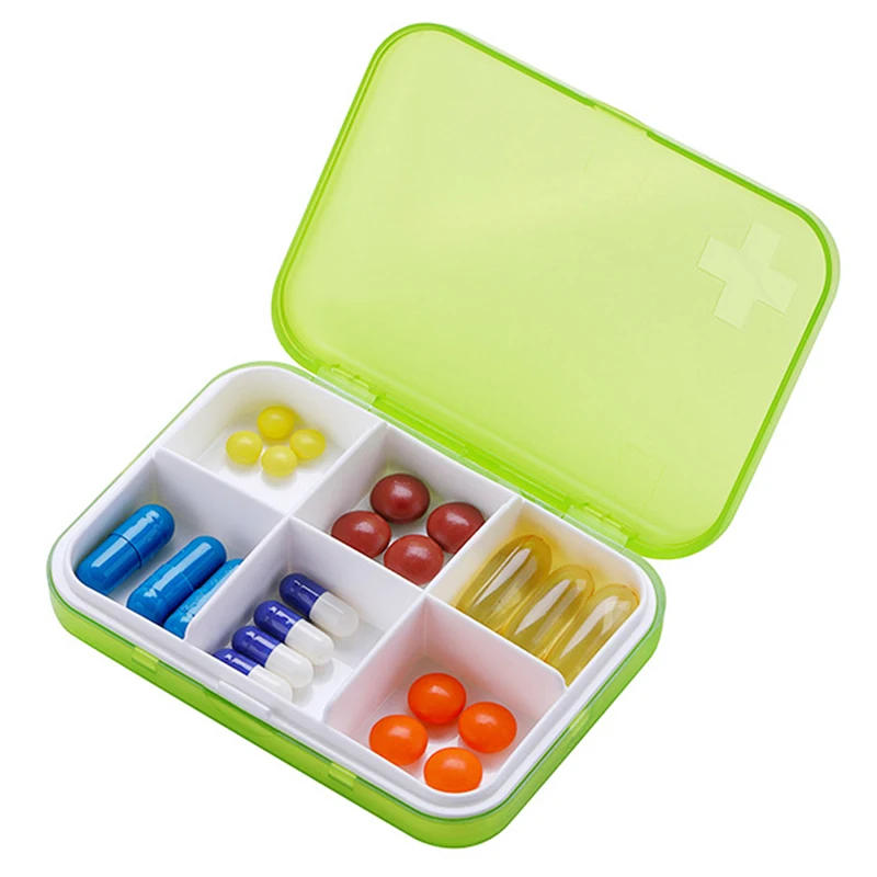 Портативный 6 ячеек для путешествий, влагостойкий чехол для хранения лекарств, таблеток, лекарств, контейнер, 4 цвета - Цвет: Зеленый