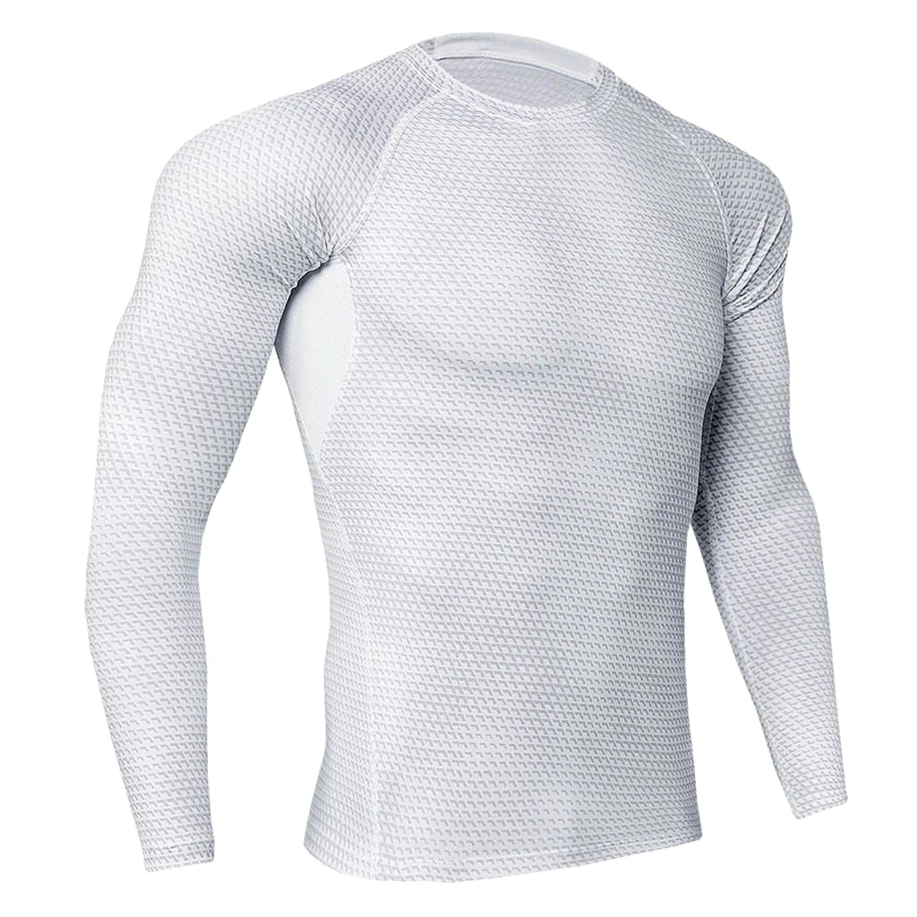 Men White Tight Sports Shirt Long Sleeves Top Fitness Gym Running Tee