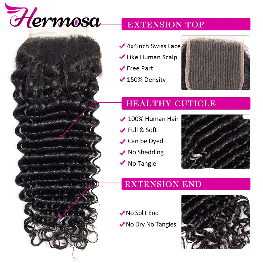 Hermosa Deep Wave Bundles With Closure Brazilian Hair Weave Bundles With Closure Human Hair 3 Lace Non Remy