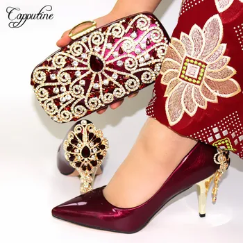 

Capputine High Quality Italian Ladies Shoes And Bag Set For Latest Wine Color Elegant Shoes With Matching Bags Set For Party