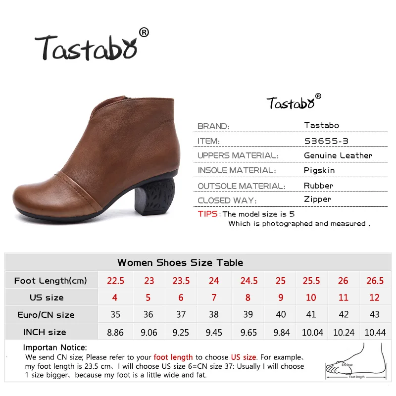 Tastabo manual Genuine Leather high heel women's boots Black brown Vintage texture S3655-3 Comfortable shoes Wear-resistant