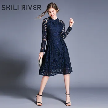 

2020 new spring autumn designer party dress for women long sleeve slim casual lace elegant O neck swing full dresses blue red