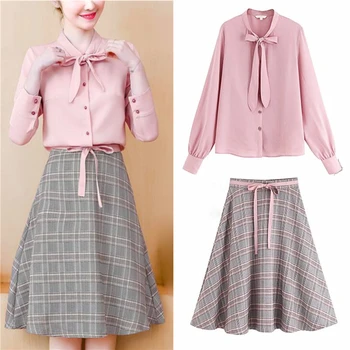 

New Style Autumn 2 Piece Set Women Chic Bow Collar Full Sleeve Blouse Shirt And Plaid A-Line Skirt Two Piece Set Clothes SL130