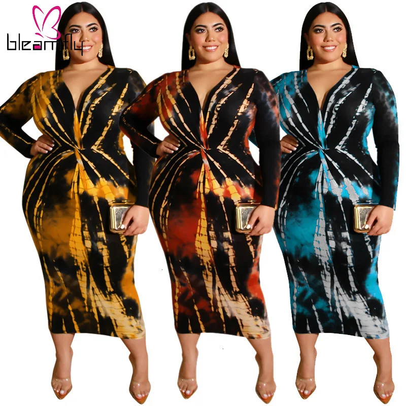 Plus Size 4xl 5xl Tie Dye Printed Dress Women Sexy V-neck Long Sleeve Bodycon Dresses Ladies Vintage Wrap Pencil Vestidos Winter