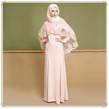 

Muslim Arab Fashion Long Embroidered Dress With Cape Eid Corban Festival High Neck Robes With Long Sleeves Lace Evening Dress