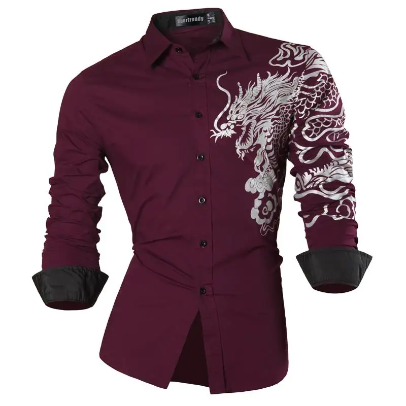 Sportrendy Мужская рубашка платье повседневное с длинным рукавом Slim Fit Мода Дракон стильный JZS041 WineRed