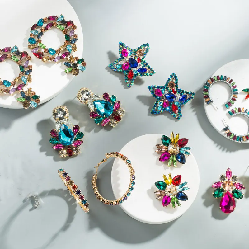

KMVEXO Colorful Crystal Drop Earrings Women Round Geometric Pendant Dangle Earrings Indian Bridal Statement Jewelry Party Bijoux