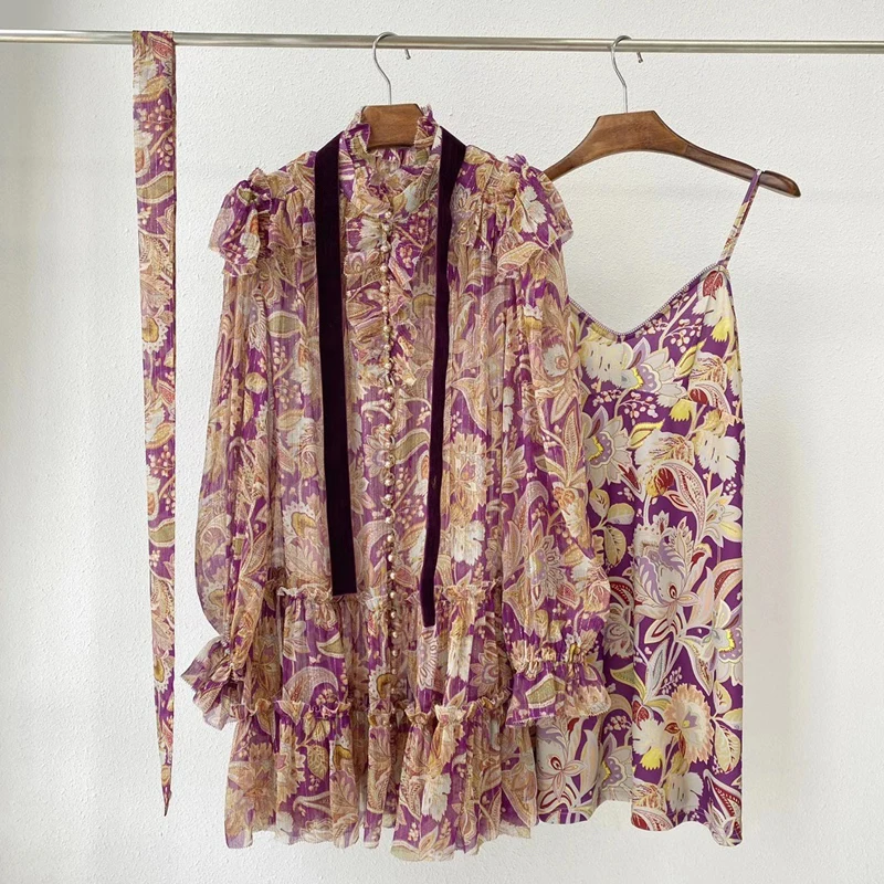 

Winter 10.26 2021 Autumn New Luxury Fashion 100% Silk Print Mini Women Ruffle Butterfly Sleeve Vintage Elegant Dress
