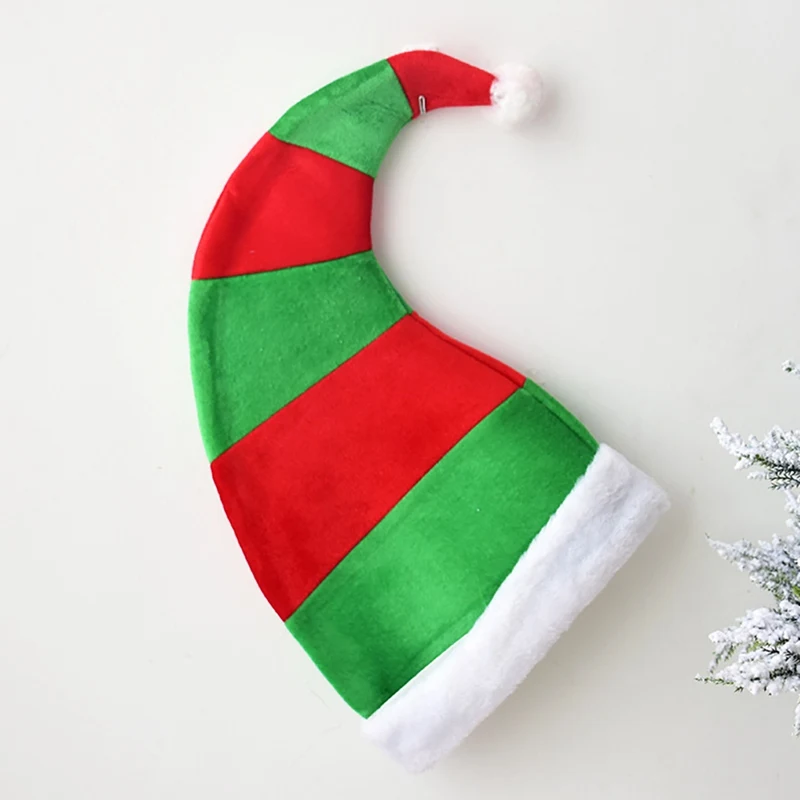 

Christmas Elf Hat adults Red Green Striped Design One Size Fits Most Non-woven Elf Hat With White Pom Poms