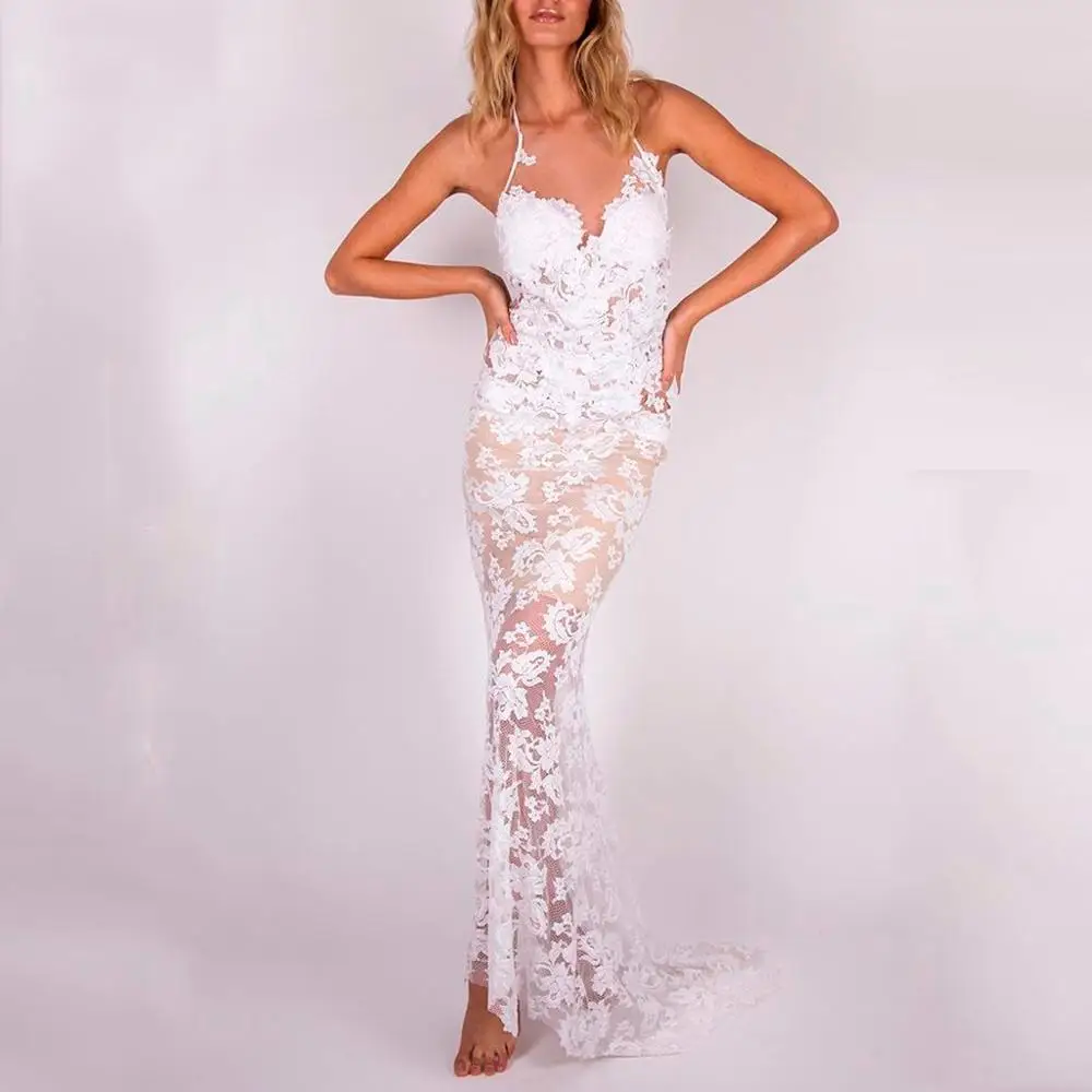 

Women Party Dress Elegant Sweetheart Full Lace V-Neck Sexy Backless Wedding Party Long Sexy Maxi Dress robe femme #4B09