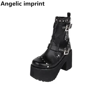 

Angelic imprint mori girl Women motorcycle punk shoes lady lolita Boots woman high trifle heels pumps platform shoes rivets 10cm