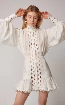 

2019 Lantern Sleeve Stitching Silk Cotton Hollow Elegant Sexy Dress Women Black White Lapel A-Line Vintage Solid Knee-Length