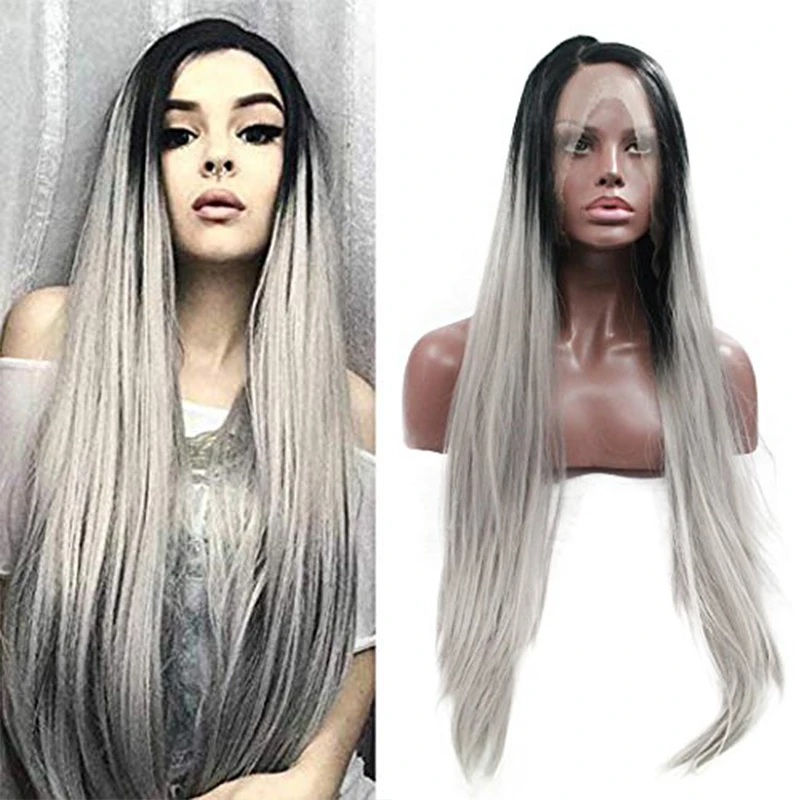 Silver Gray Straight Ombre Glueless Synthetic Lace Front Wig Grey Silk Base Transparent Highlight Lace Frontal Wigs Cosplay Hair