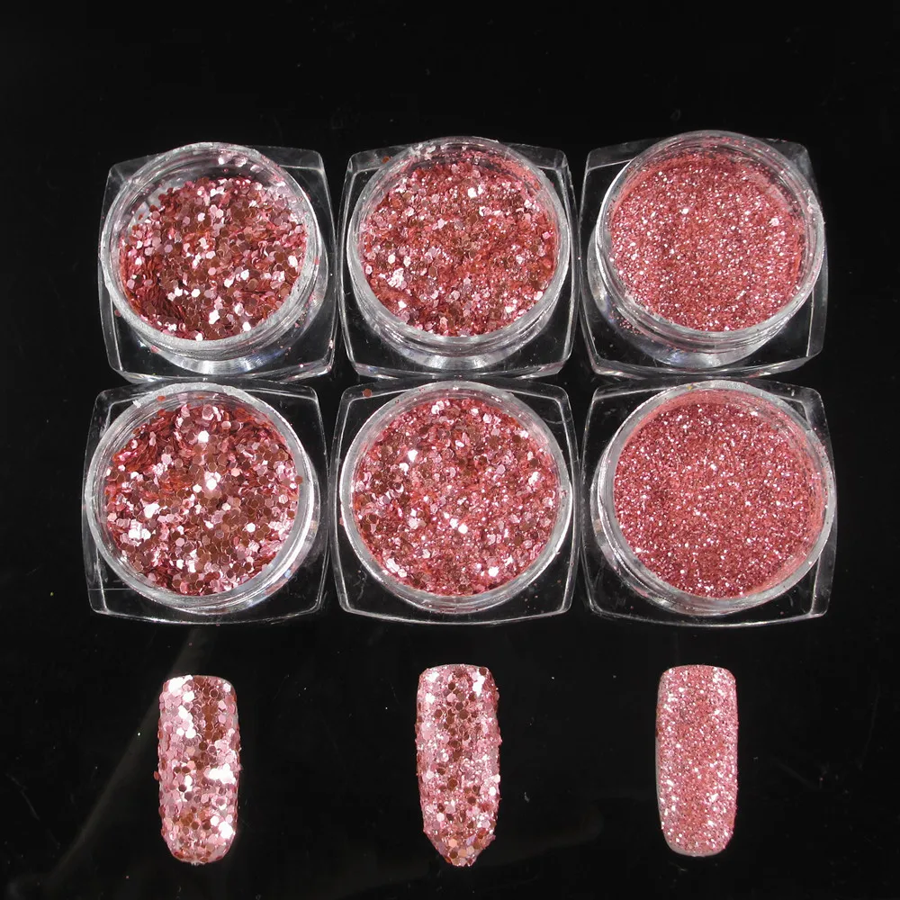 Manicure Shimmering Powder 6 PCs Set Pink/Rose-red 2-Color Selectable Gradient a Manicure Fine Shimmering Powder Glitter Powder