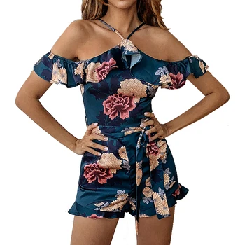 

Boho Beach Playsuits Women Spagehtti Strap Ruffles Bandage Lady Sexy Rompers Jumpsuit Floral Printed Summer Playsuits M0552
