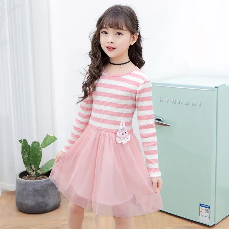 

New Spring Girls Dress Long Sleeve Cotton Stripe Kids Party Dress Clothes Princess Dress Autumn Children Clothing 4 6 8 10 Years