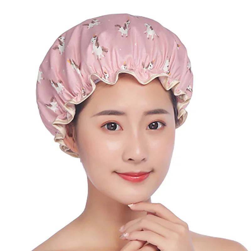1pc Waterproof Bath Hat Women Shower Cap Hair Cover Double Layer Satin