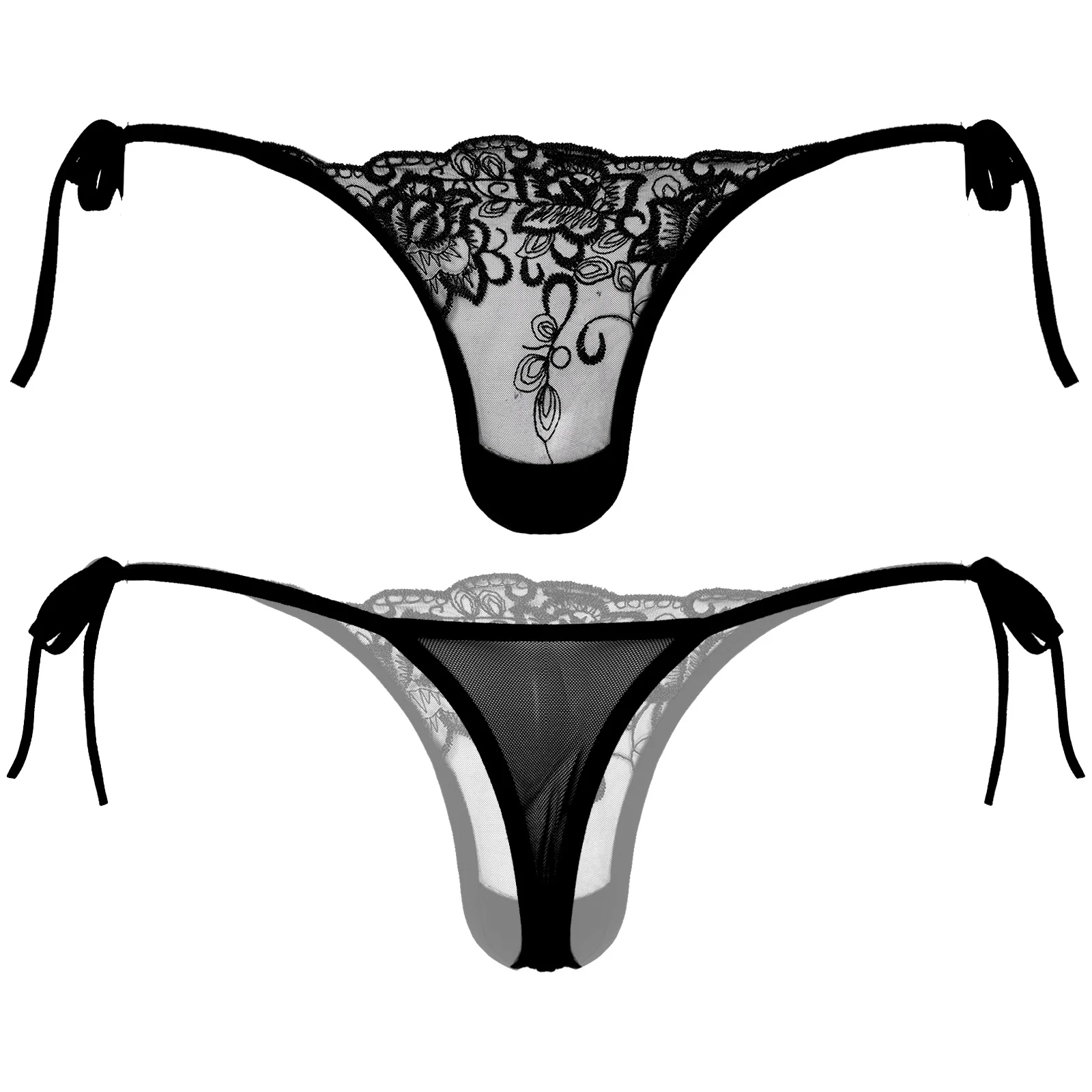 Men's Panties See-through Mesh Thongs Low Waist Lace-up G-string Sissy Briefs Underpants T-back Gay Underwear Embroidered Thongs