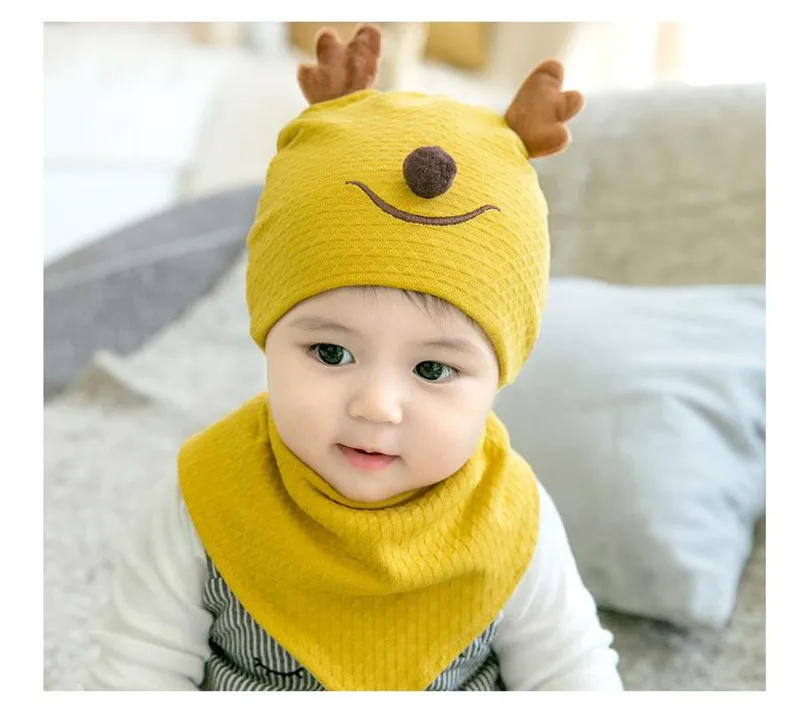 PUDCOCO Cute Baby Toddler Spring Autumn Cartoon Antlers Beanie Hat Hooded Triangle Scarf Knitted Cap Kids 0-8M