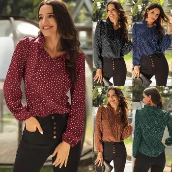 

Fashion Blouse Women Shirt Women Tops блузка женская V-Neck Long sleeve Up Dot Print Loose Casual Blouse Tops Spring Free Ship