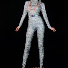 Женский комбинезон с блестящими кристаллами, сексуальные Легинсы телесного цвета, боди, костюм для танцев, DJ шоу, одежда для сцены, Женский костюм певицы