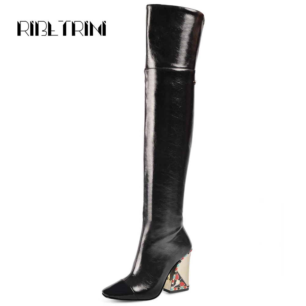 

RIBETRINI Women Genuine Leather Boots Vintage Rhinestone Chunky High Heel Shoes Woman Pointed Toe Party Over Knee High Boots