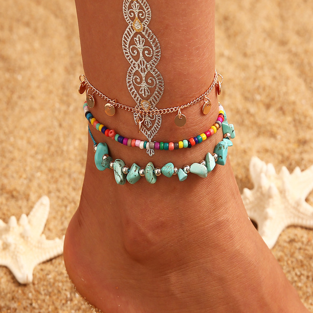 Shell Ankle Bracelet Set For Women Bohemian Rope Chain Sequin Anklets Summer Beach Girls Barefoot Leg Chain Boho Jewelry