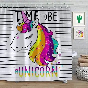 

Cartoon Unicorn Shower Curtain Sets Pony, Polyester Waterproof Bathroom Decor with Hooks 71"(W) x 79"(H)