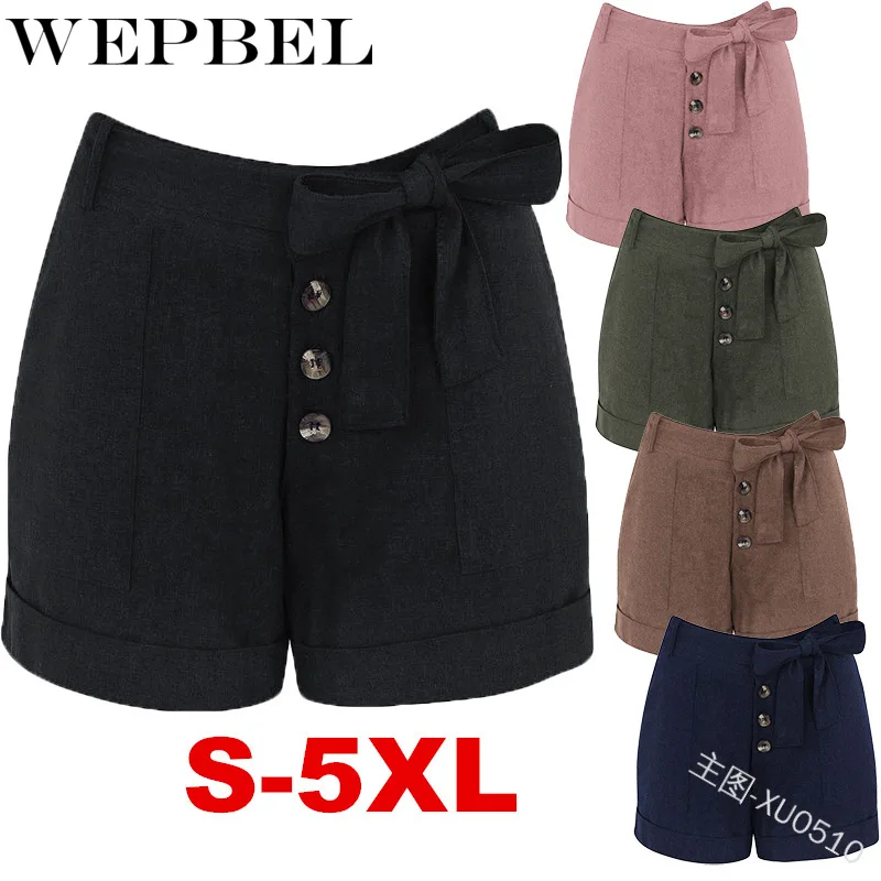 

WEPBEL Women's Fashion Shorts Summer Solid Color Button Drawstring High Waist Straight Casual Shorts