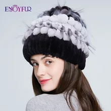 ENJOYFUR натуральная шапка из меха кролика Рекс Женские теплые женские зимние шапки с мехом серебристой лисы модные вязаные шапочки плотная шапка для девочек