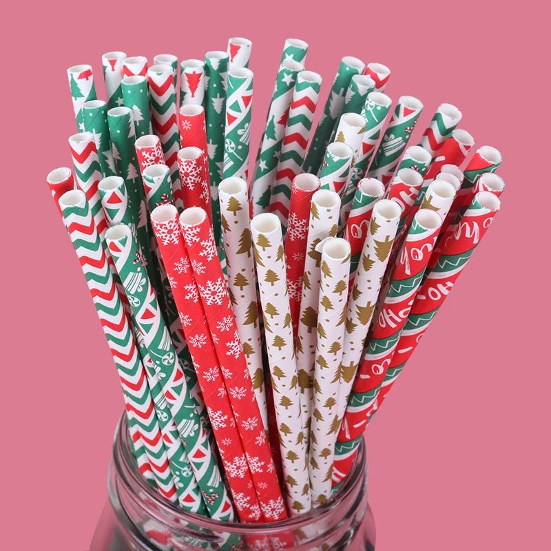 

25pcs Christmas Paper Straw Snowflake Christmas Tree Straw Navidad Christmas Decorations for Home Merry Christmas Party Supplies