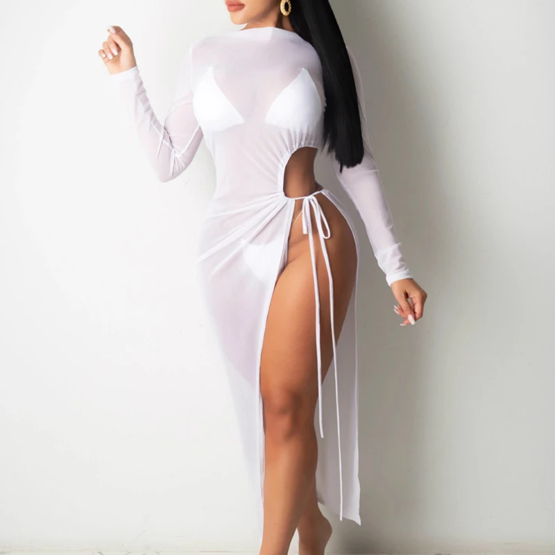 Traje de baño de malla transparente para mujer, bañador femenino de color liso con abertura para playa y piscina