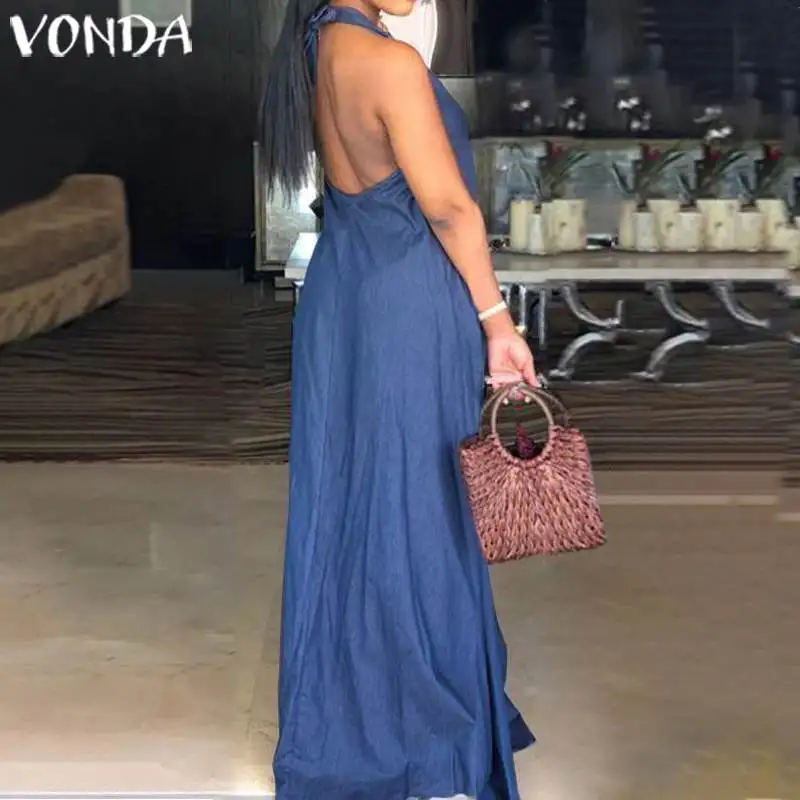 VONDA/женское джинсовое платье больших размеров, летнее платье, повседневное, свободное, сексуальное, на бретельках, макси, длинное платье в пол, Vestidos