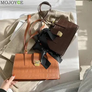 

Fashion Exquisite Shopping Bag Elegant Women Leather Top-handle Bag Bowknot Stone Pattern Shoulder Clutch Totes