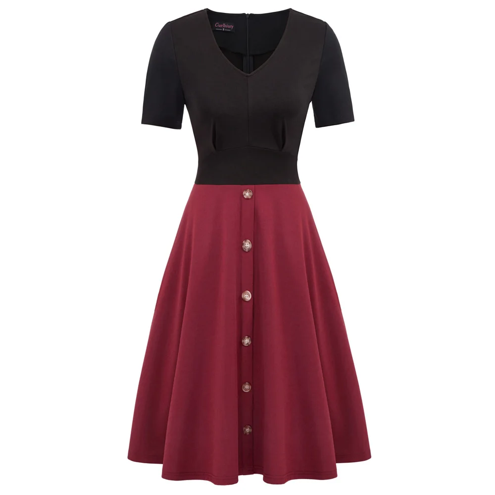 

Retro Women Short Sleeve A-Line Dress Spring Midi Elegant Female Dress Patchwork Casual Button Dress Black Pluse Size