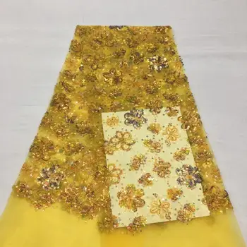 

Soso Embroidered Yellow Tulle Lace High Quality 3D Fabric Flowers Hot Sale Sequins Lace Fabric French Lace FABRIC