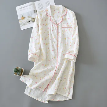 

Women Brief 100% Cotton Summer Sleep Shirt Geometric Printed Nightgowns Female Sleepwear Long Sleeve Single-breasted Night Dress
