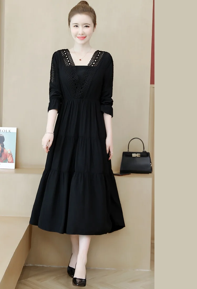 black UHYTGF 5XL размера плюс, платья для женщин, модное осеннее платье с длинными рукавами, черный белый пуловер, длинное платье, элегантное тонкое платье для девочек 567 - Цвет: black