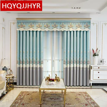 

American luxury villa blue gray embroidered curtains for living room bedroom apartment hotel kitchen