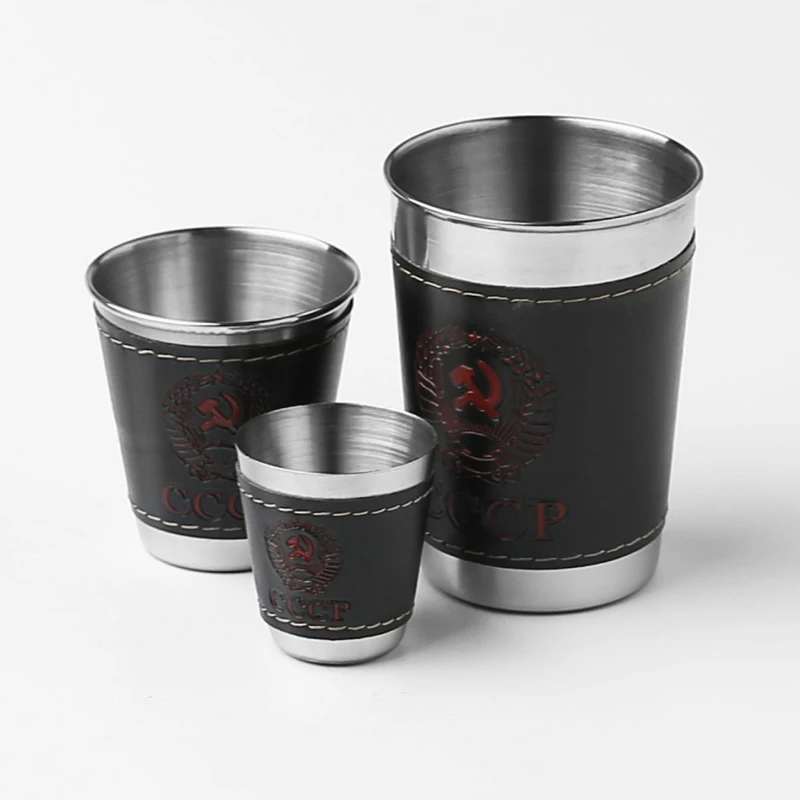 4Pcs CCCP Stainless Steel Wine Glasses Shot Cup Drinking Portable Mug Leather Cover Bag Case Outdoor Hip Flask Bar Sets