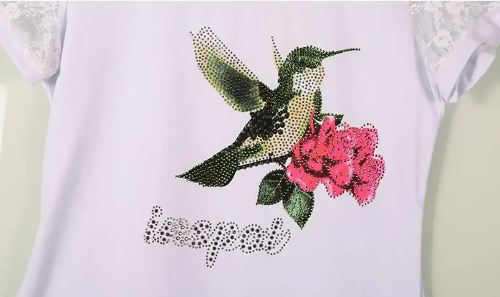 Camisetas Mujer летние Стразы футболка Для женщин кружева короткий рукав леди, поставленные зоводами непосредственно Для женщин s футболка Женские ромбовидные Топы