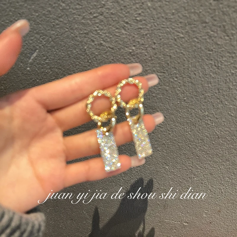 Pendant Earrings Golden Earrings France Style Women's Zircon Square Pendant Earrings Gold Color Round Shiny Earrings For Women Trendy Jewelry