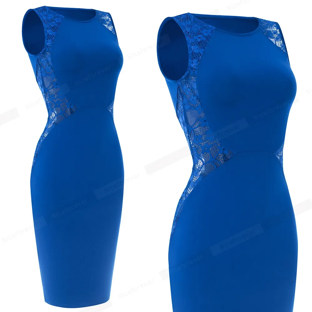 Nice forever Элегантное синее кружевное лоскутное платье для вечерние и вечеринок Bodycon