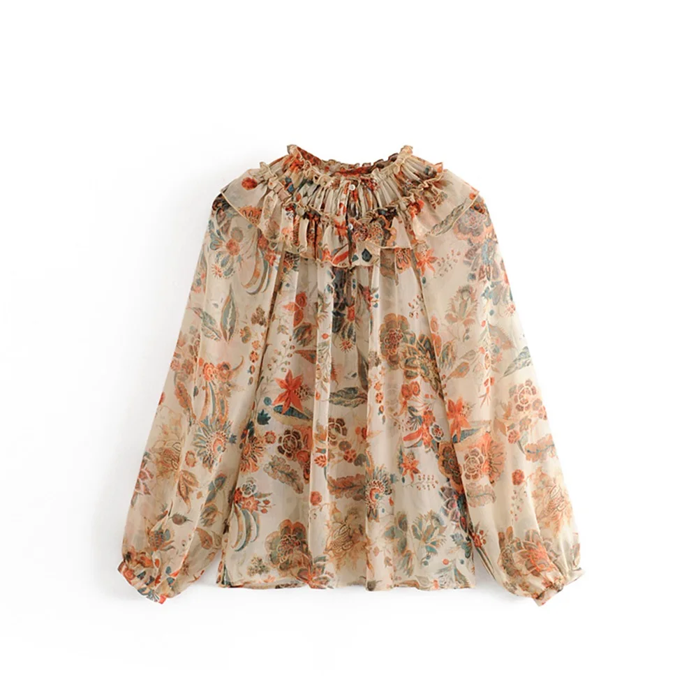

Early autumn 2019 new fashionable chiffon shirt with round collar and long sleeves laminated decorative flowers